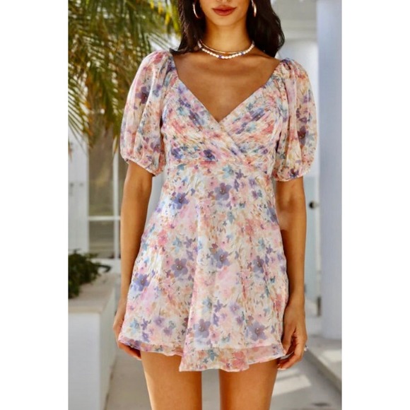 Shopmoda Dresses & Skirts - Shopmoda Watercolor Floral Chiffon Puff Sleeve Mini Dress Purple‎ Pink XS